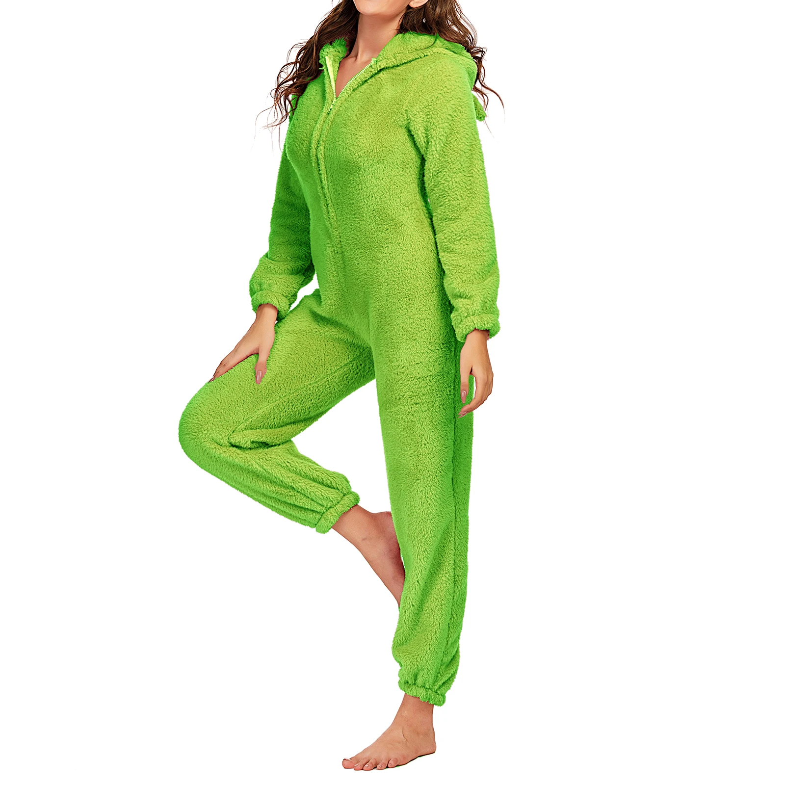 Women Winter Warm Plush Romper Pajamas Solid Color Long-Sleeve Zipper High Neck Hooded Homewear S/M/L/XL/2XL