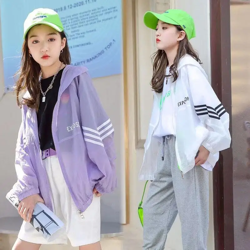 

Teengaer Big Girls Oversized Jackets Children's Sun Protection Clothing Summer Thin See Through Coat Fashion Hooded Outwear Tops