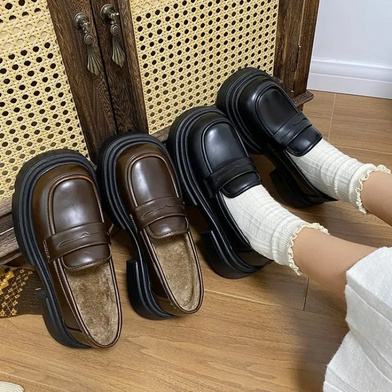 Leather Platform Loafers Woman British Style Thick Heels Oxfords Shoes Women Slip On College Gothic Shoes Fashion Vulcanized New