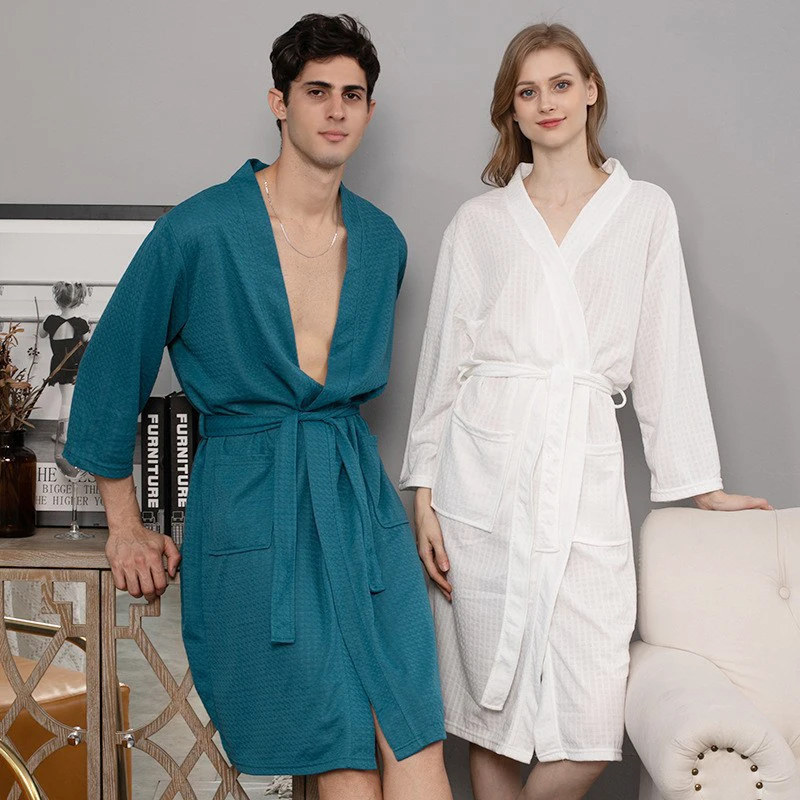 

Spring Waffle Bathrobe Three Quarter Sleeve Ladies Solid Dressing Gown With Sashes Kimono Absorb Water Soft Bath Robe For Female