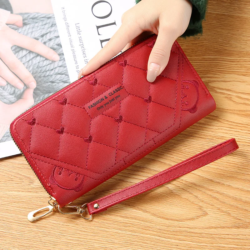 Ladies long pu leather wallet fashion zipper large capacity long card  holder heart-shaped embroidery money bag phone coin wallet