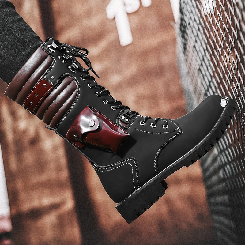 Mens Leather Boots Motorcycle Leather Boots High Top Mens Boots Rivet Punk Style Mixed Colors Platform Wear-Resisting