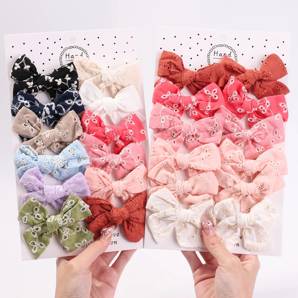 12/16pcs Embroidery Cotton Hair Bow Hair Clip Kids Fashion Print Barrette for Baby Girls Sweet Hairclip Hair Accessories Gift
