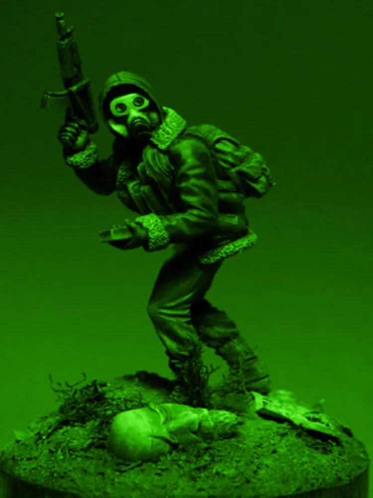 Unmontierter 1/32 54 mm Scout-Soldat mit Maske mit Sockel. 54 mm historisches Miniaturmodell aus Kunstharz, unbemalt