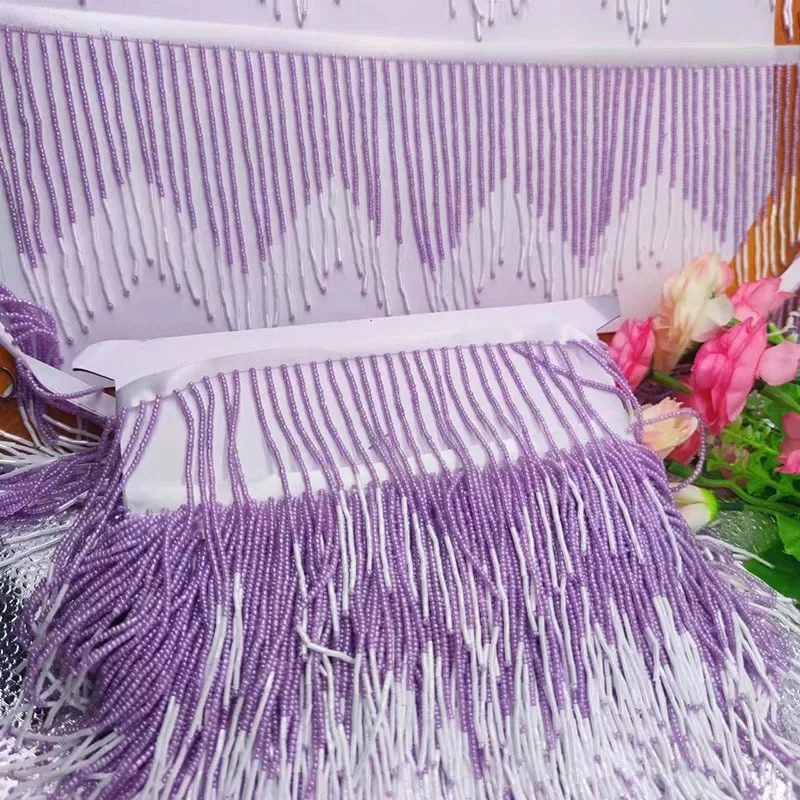 1야드 레이스 트림 퍼플 화이트 비즈 튜브 13cm 태슬 의류 액세서리 웨딩 이브닝 드레스 댄스 의상 프린지 장식
