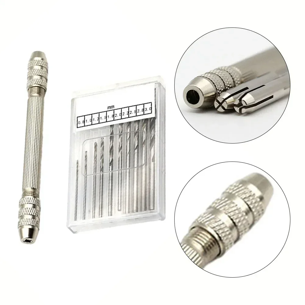 Hand Drill Double Chuck Head Handle Drill Bit Kit 0.3-3.2mm Bit Wire Tool for Jewelry Vise Craft Decor DIY Punching Hand Tool
