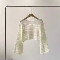 2024 Y2K Long Sleeve Crochet Knit Top Summer Beach Bikini Cover Up Crop Pullover Wool Knitwear Blouse Women Vacation Boho Outfit - Image 6