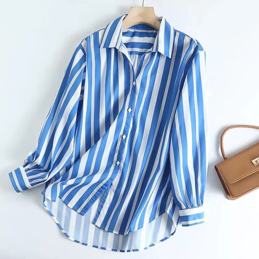 Jenny&Dave Fashion Casual Blouse Women England Style High Street Wholesales Vintage Blue Striped Oversize Loose Shirt Tops