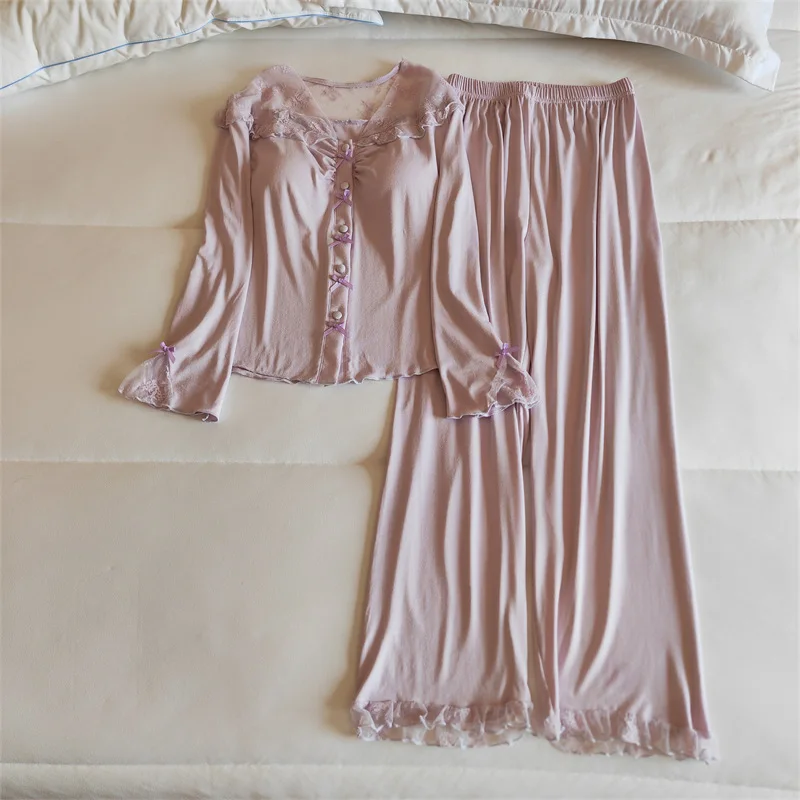 High Quality Women's Pajamas Set Chest Pad Modal Sleepwear Soft Comfortable Home Clothing Long Sleeve Ladies Pijamas De Mujer