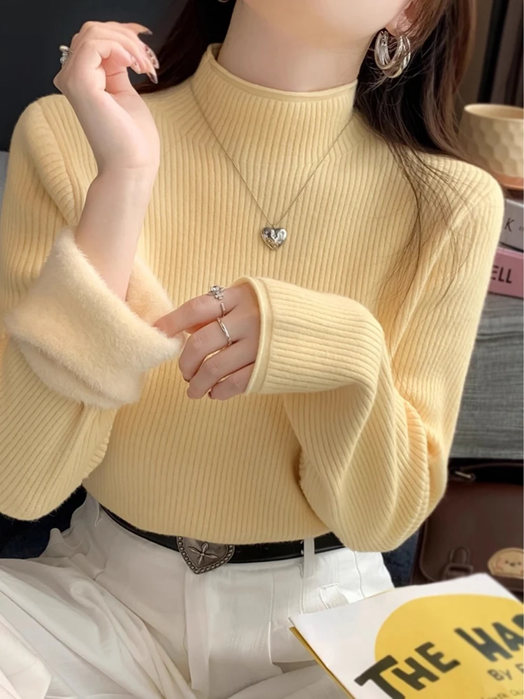 New Basic Sweater Autumn and Winter Women's Retro Solid Color Slim-fit Bottoming Shirt Elegant Integrated Fleece Warm Knitwear