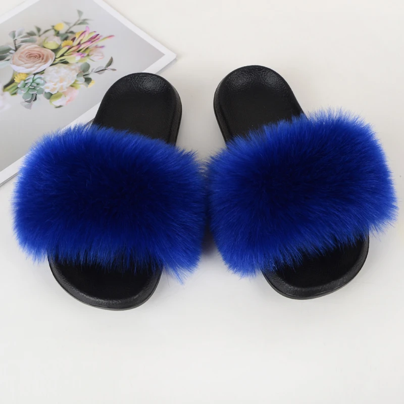 Summer Faux Fur Slides Women Furry Flat Ladies Casual Fox Fur Slippers Fashion Soft EVA Soles Fuzzy Beach Sandals Flip Flops
