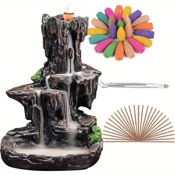 Waterfall Monk Incense Burner Mountain Tower Incense Holders with 120 Backflow Incense Cones + 30 Incense Stick for Home Office