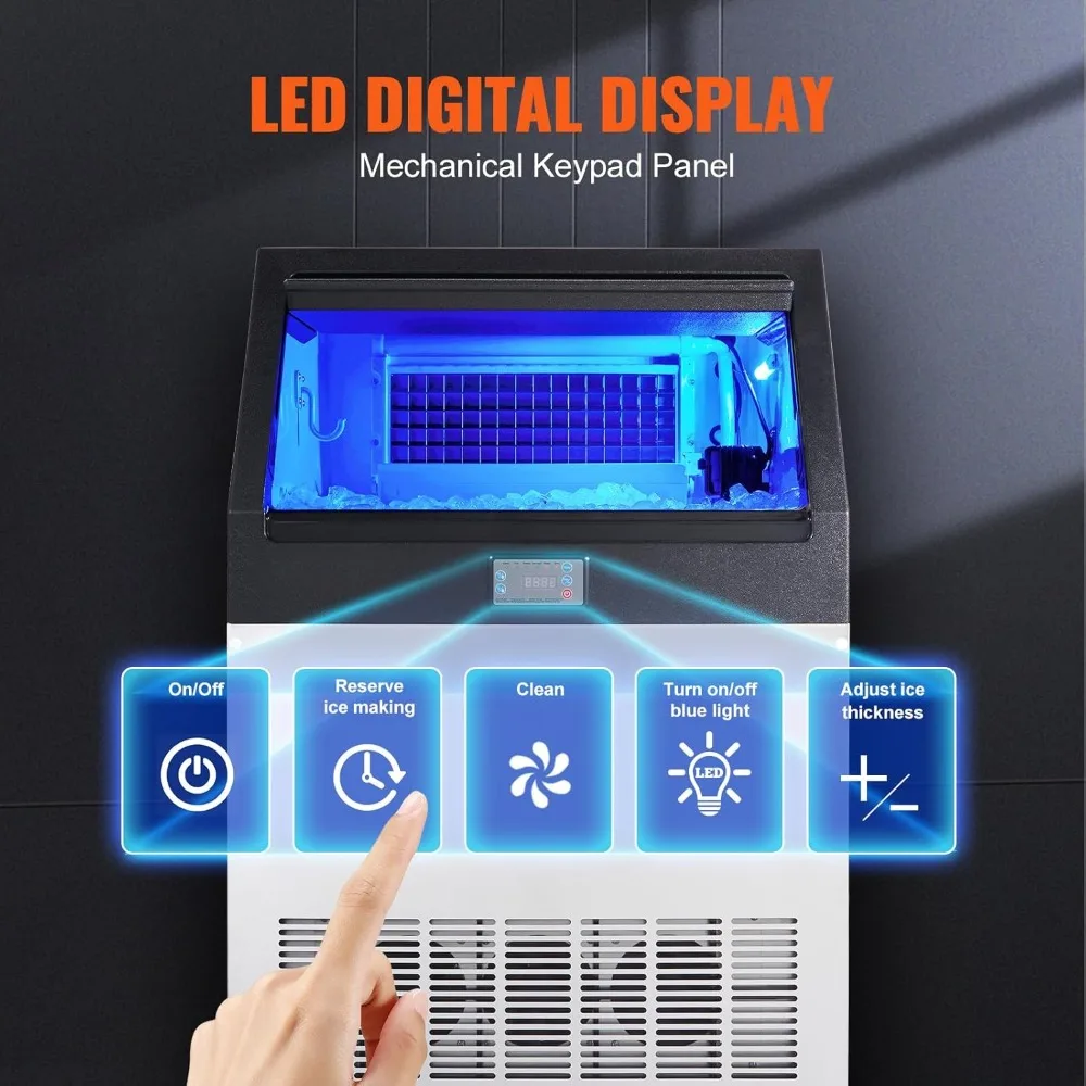 Commercial ice maker, 160 pounds/24 hours, ice maker,80 cubes in 12-15 minutes, 6-pound storage capacity LED digital display