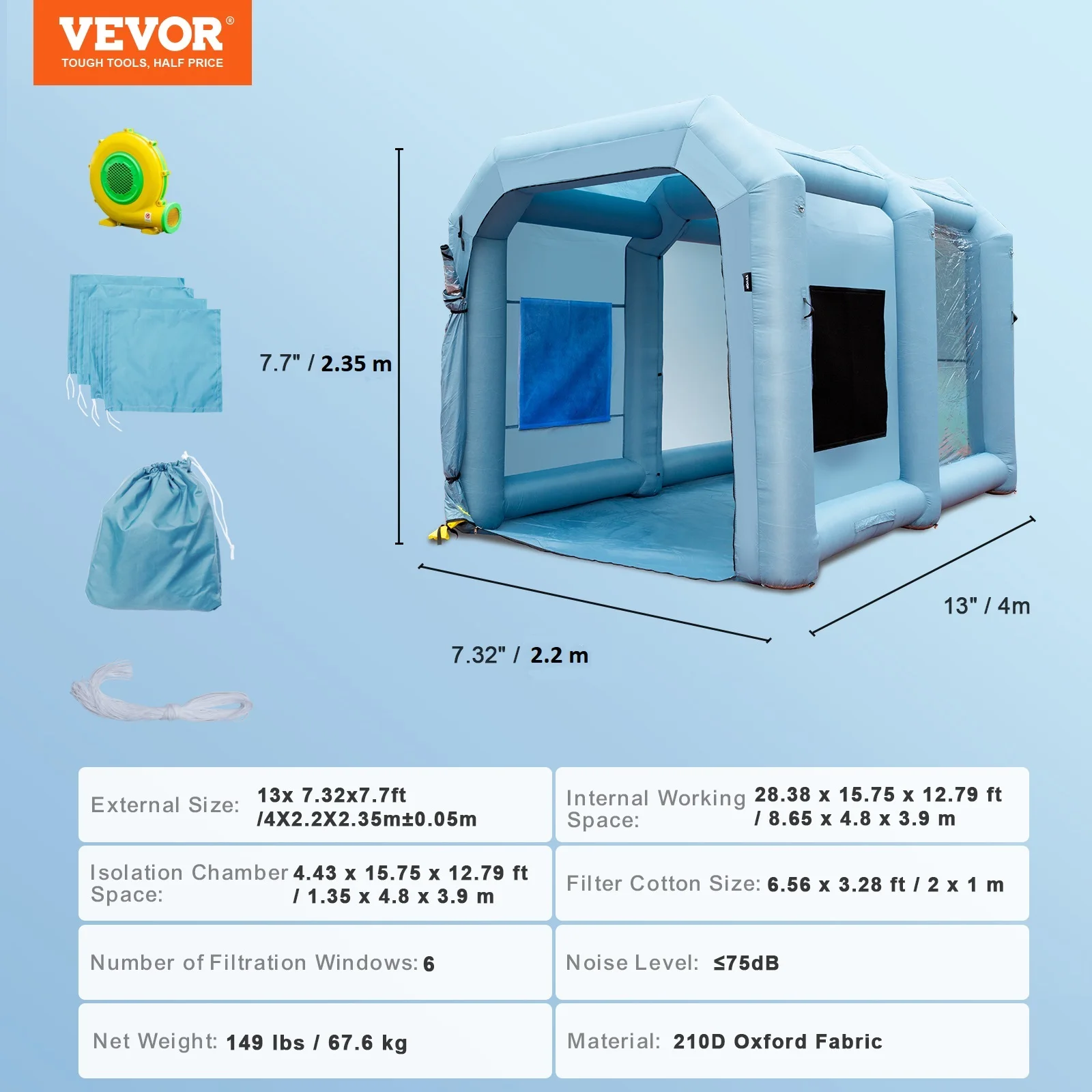 VEVOR Aufblasbare Sprühkabine Zelt 8x4x3m Lackierkabine Zelt 210D  Oxford-Gewebe PVC Auto Lackierkabine mit 2 abnehmbaren Türen Gebläse inkl.  Ideal