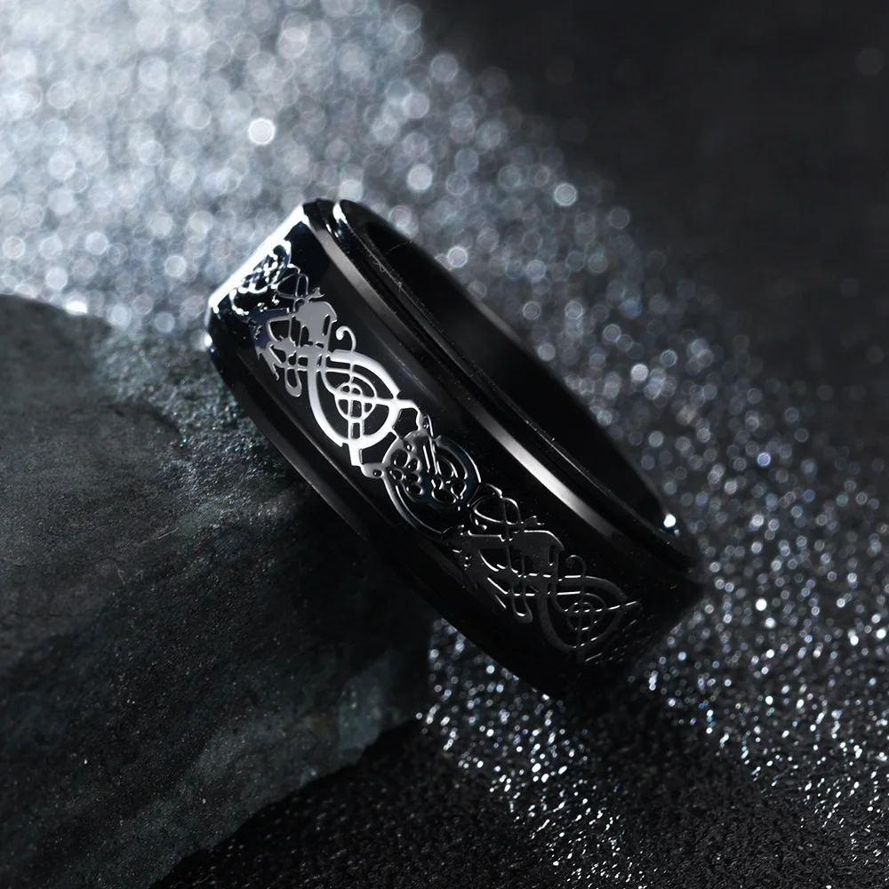 Punk Celtic Dragon Rotating Anxiety Ring For Men Fidget Spinner Stainless Steel Inlay Carbon Fiber Metal Rock Band Ring Anillo