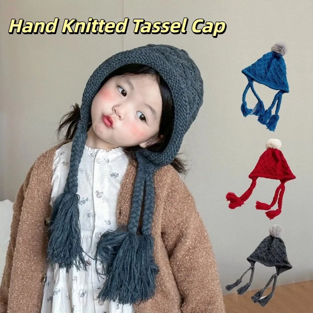 Fashion Autumn Winter Baby Crochet Hat Pom-pom Soft Warm Hand Knitted Cap Outdoor Tassel Pigtail Ear Protection Cap Toddler