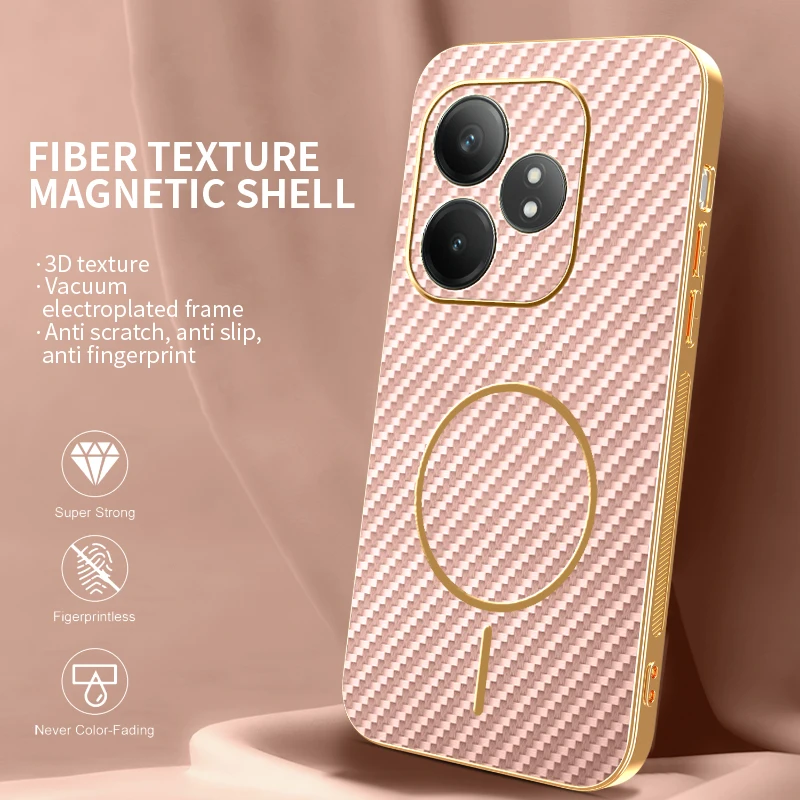 Premium Electroplating Leather Carbon Fiber Magnetic Ring Phone Case - Anti-Fall Protection