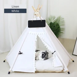 Cozy Pet Teepee Tent with Cushion & Blackboard - Portable, Washable Indoor House - M-5-corner tent (White linen)