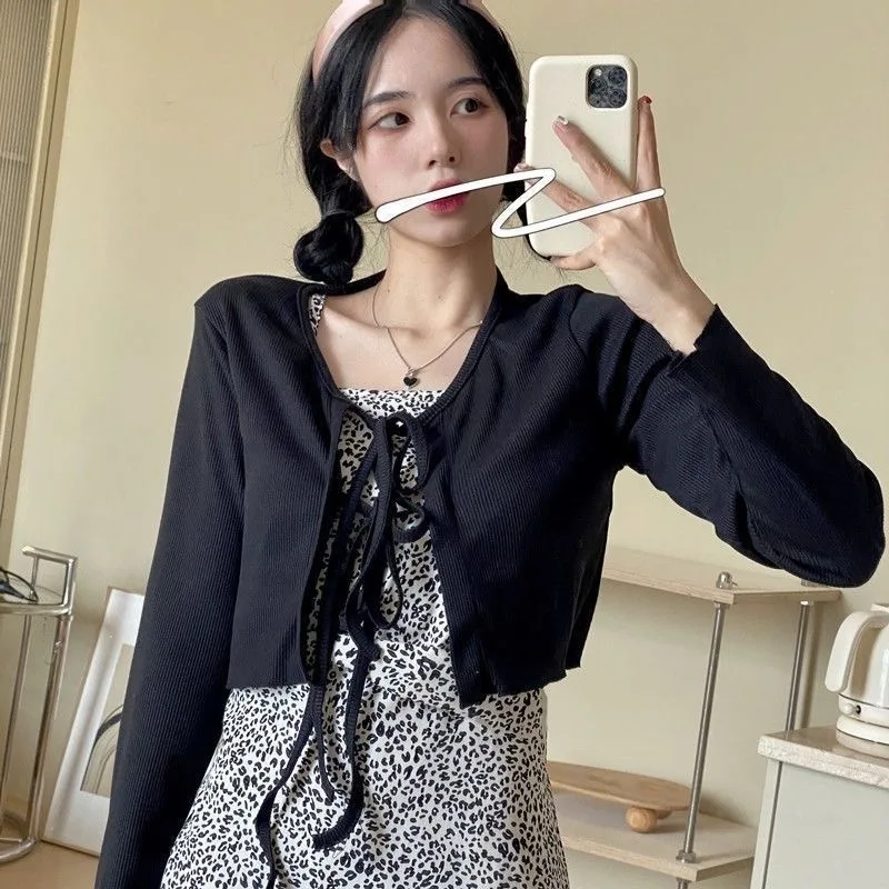 White Knitted Cardigan Women Summer Thin Sunscreen Lace-Up