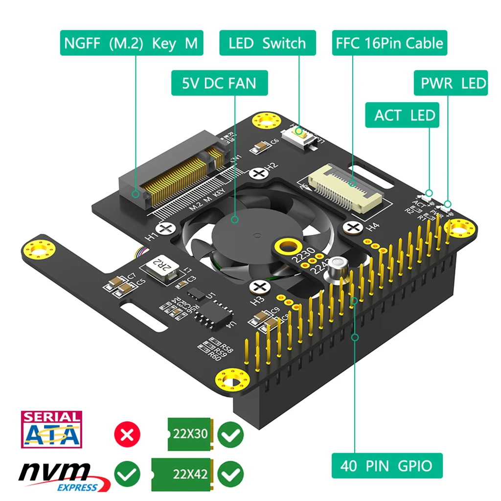 쿨러 선풍기 및 자동 변색 RGB LED, M.2 to PCIe x1 어댑터, 라즈베리 파이 5, M.2 NVMe M 키 2230 2242 SSD
