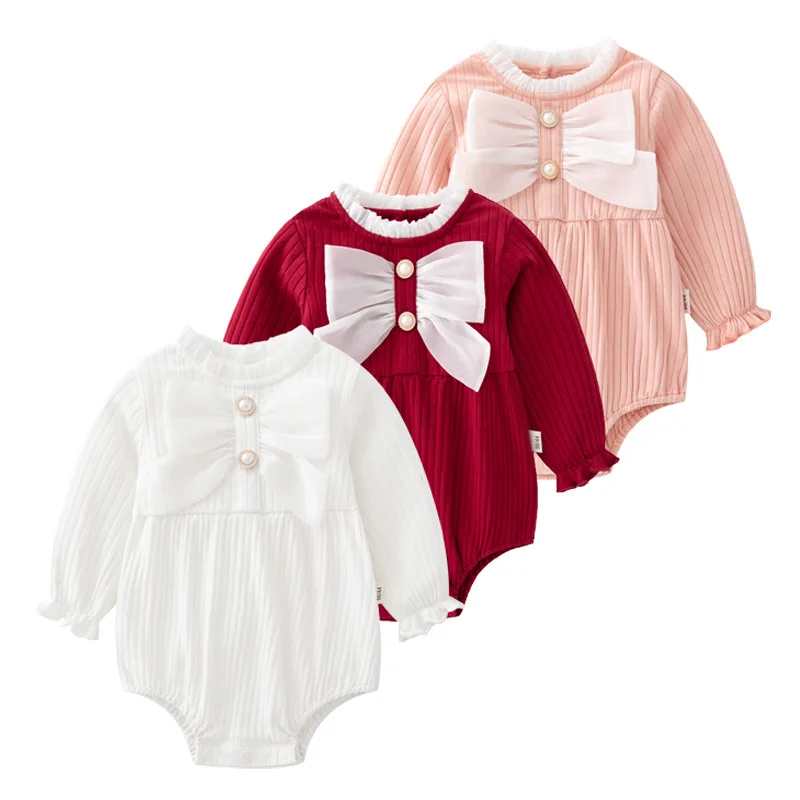 

2023 Spring Autumn Baby Girls Bodysuit Cotton Knotbow Pearl Long Sleeve Pullover Infant Girls Rompers Newborn Girls Onesies