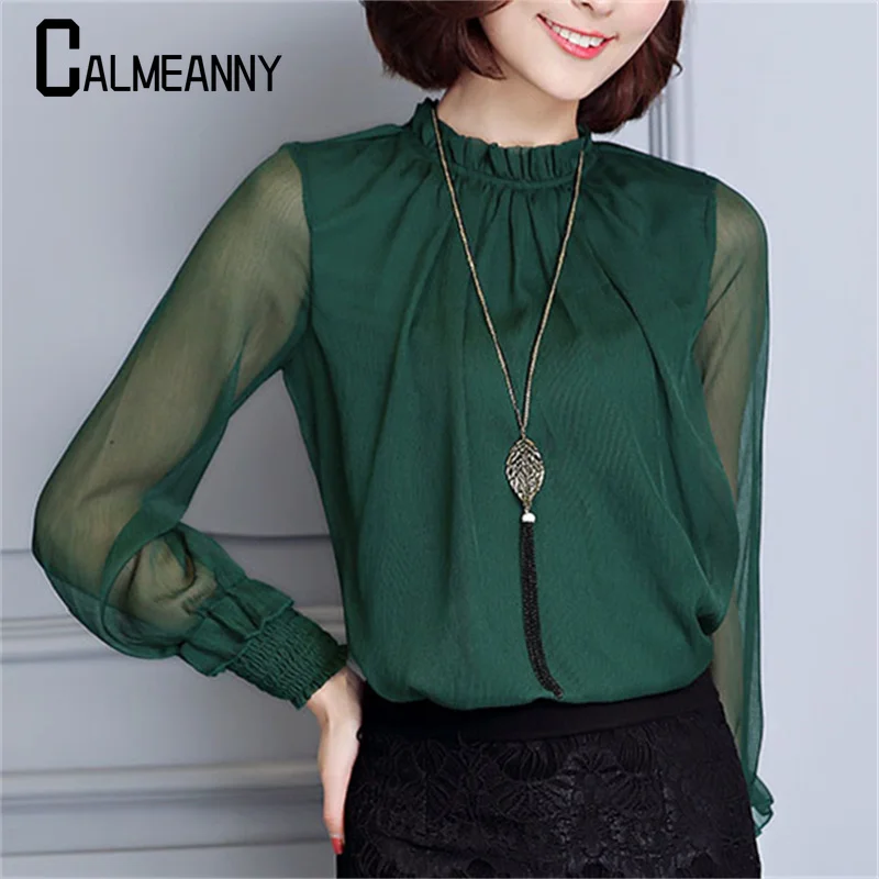 

Women Chiffon Shirt 2024 Autumn New Perspective Net Mesh Sleeve Elastic Cuffs Elegant Ruffle Collar Solid Color Women Shirt