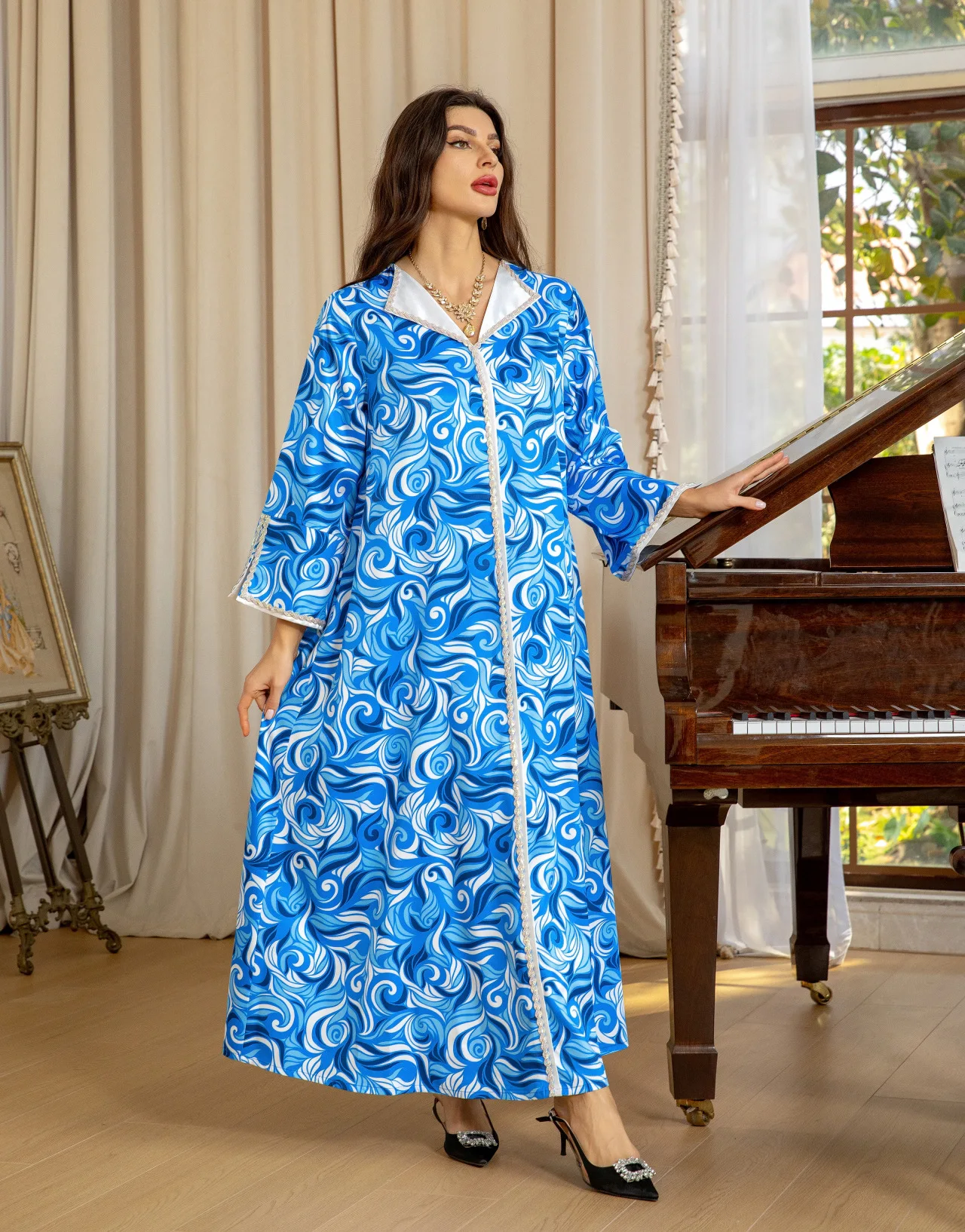 Sf78367a09de5417ca0ee5993845288d3w Ramadan Khimar Abaya Saudi Arabia Turkey Islam Muslim Blue and white blue hot diamond dress Kebaya Robe Femme Musulmane Mallzona