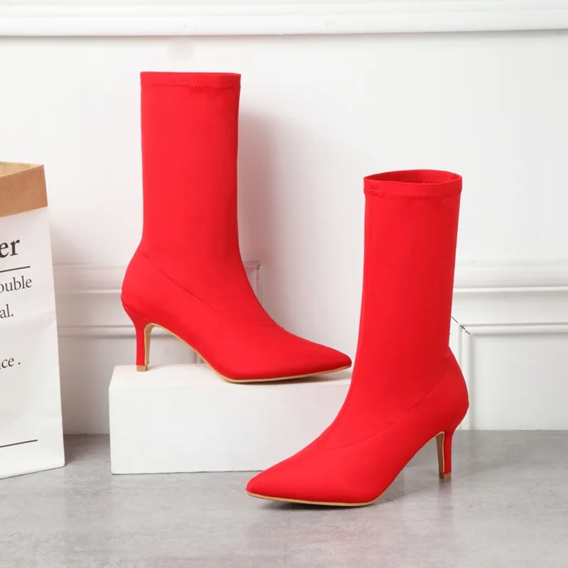 Platform Boots Women Boots Candy Color Stretch Fabric Slip On Boots Women Pointed Toe Autumn Winter Pumps Botas Female Heels Party Shoes Size 35-42 WSH4200