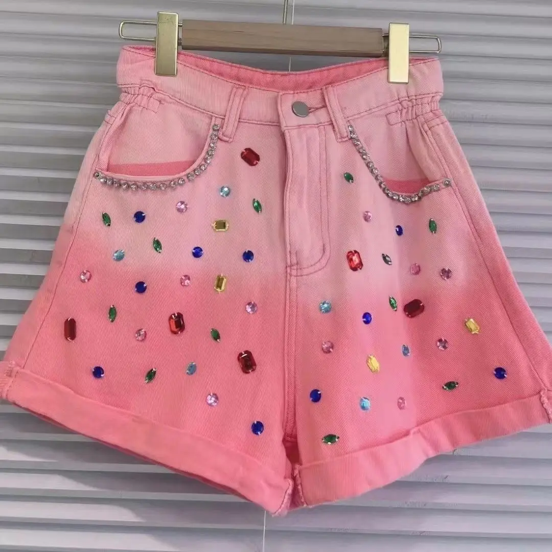 

Shiny Rhinestone Patchwork Personality Gradient Color Denim Shorts Female High Waist Wide Leg Jeans 2023 Summer