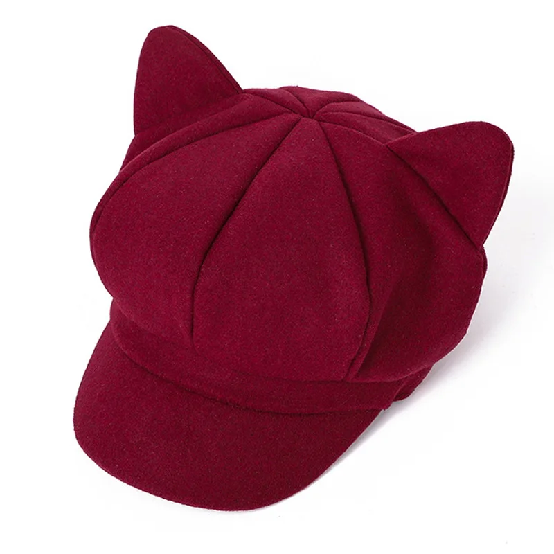 Beret Winter Hats For Women Solid Plain Cute Cat Ear Octagonal Newsboy Cap Ladies Casual Winter Beret Women Painter Cap Vintage women beret women hats