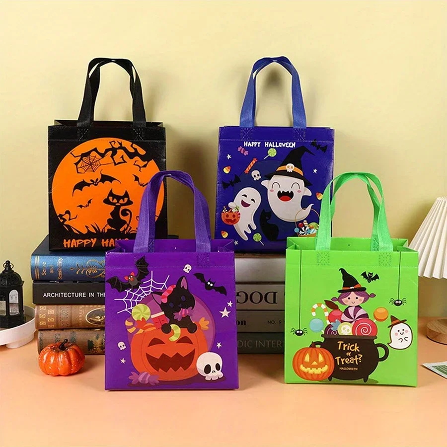 4pcs Halloween Theme Non-woven Cloth Gift Shopping Bag with Handle Reusable Pumpkin Bat Creative Trick or Treat Goodie Bags 4
