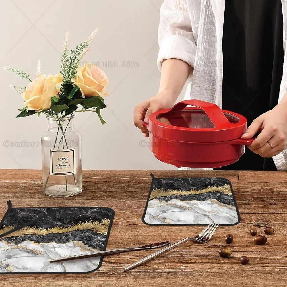 White Black Gold Marble Pot Holders Set of 2 Kitchen Heat Resistant Potholder for Microwave Cooking Baking Oven End Dishes BBQ