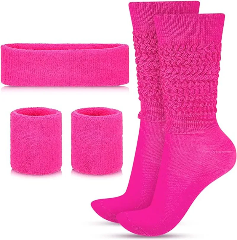 80s Neon Women Costumes Accessories Set Slouch Socks Sweatband Headband Wristband Neon Workout Outfit for Girl Sport Party