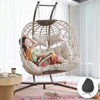 Double Egg Chairs Outdoor Indoor,for 2,All-Weather Rattan Hanging Loveseat Comfy,Patio Swinging Seat w/Cushion & Cover for Porch 2