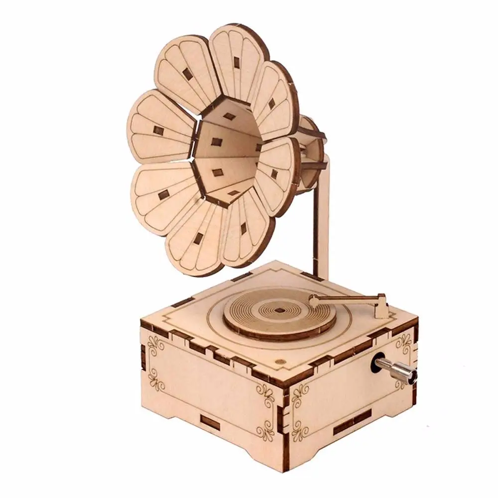 Creative DIY phonograph Sounding Music Box Mechanical Wooden Toys 3D Puzzle Wooden Puzzle Assembling Toy Gramophone Model 3