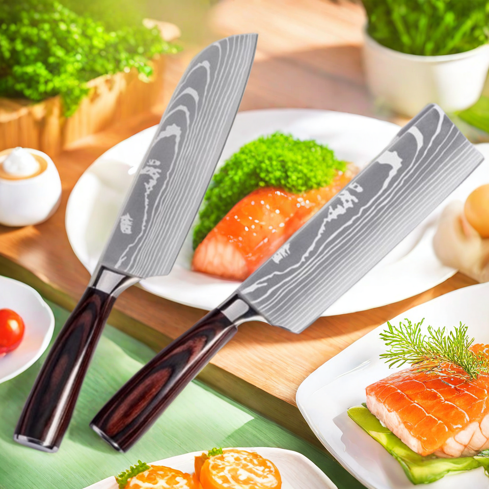 7 Inch Chef Knife Kitchen Knives Laser Damascus Pattern Sharp  Santoku Knife Cleaver Slicing High Carbon Stainless Steel Tool