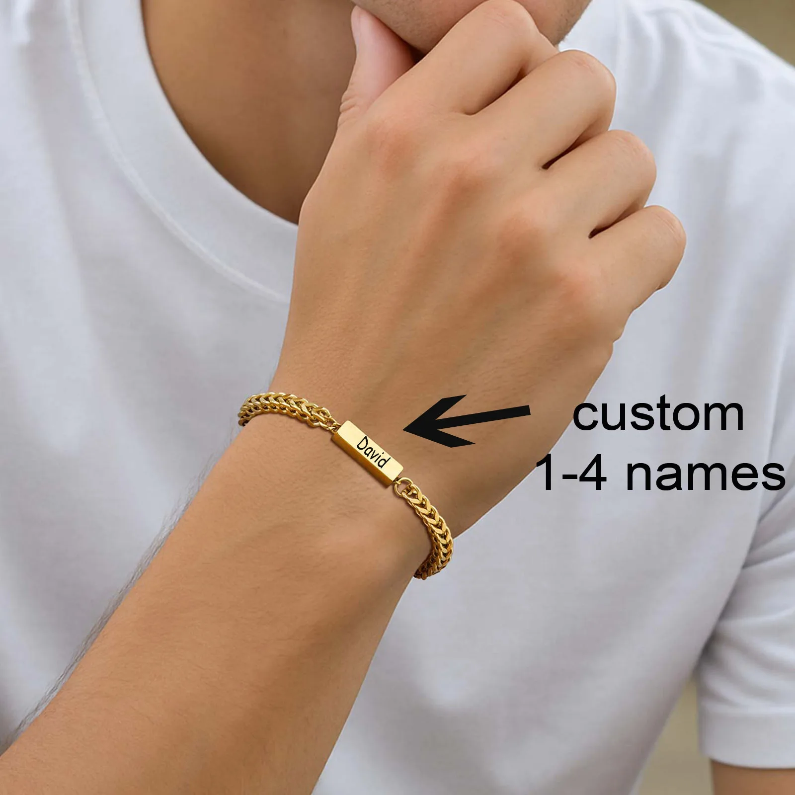 Stilvolle Franco-Kettenarmbänder mit 1–4 Namen für Herren, Bali-Fuchsschwanz-Kettenarmband aus Edelstahl, personalisiertes Geschenk für Vater und Ehemann