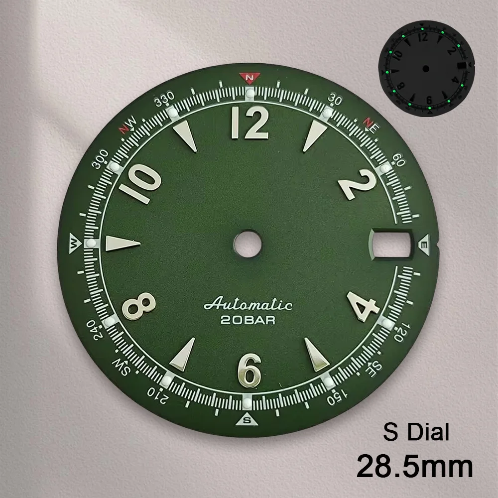 새로운 Nh35 다이얼 S 로고 28.5mm 레트로 시계 다이얼 녹색 야광 NH35 무브먼트용 시계 부품 수리 도구
