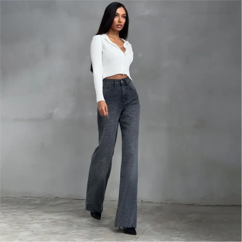 Elegant Grey Leopard Printed Y2k Jeans High Waist Straight Wide Leg Vintage High Street Formal Retro Black Jeans Pants Women