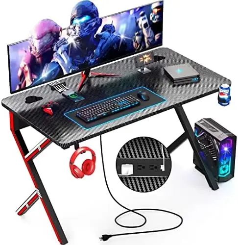 

Desk 45 Inch with Power Outlets, Computer Desk Gaming Table Carbon Fiber Surface PC Gamer Workstation Laptop Study Table, Home O