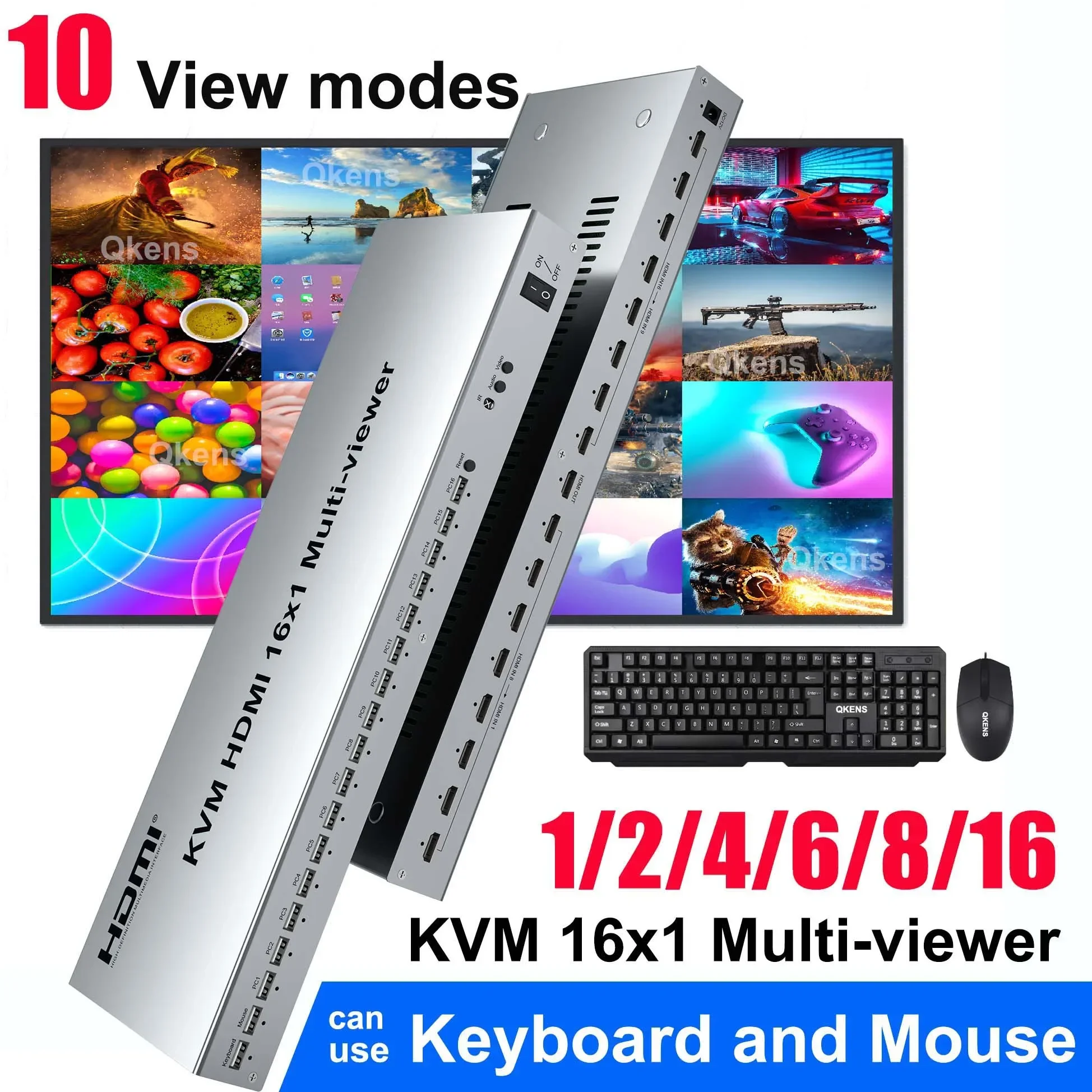 1080p 60Hz HDMI KVM 쿼드 스크린 멀티 뷰어 16입력 1출력 심리스 스위치 HDMI 멀티뷰어 비디오 분배기 (USB 마우스 키보드용)
