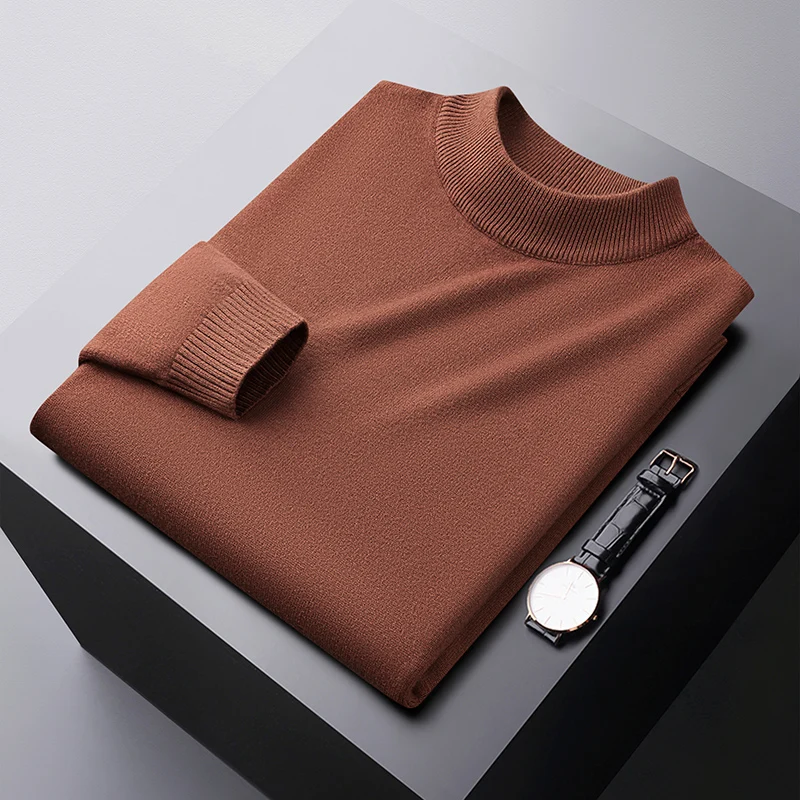 Winter warm sweater men's high-end simple all-matching slim fit stretch cold-resistant casual solid color round neck sweater 2