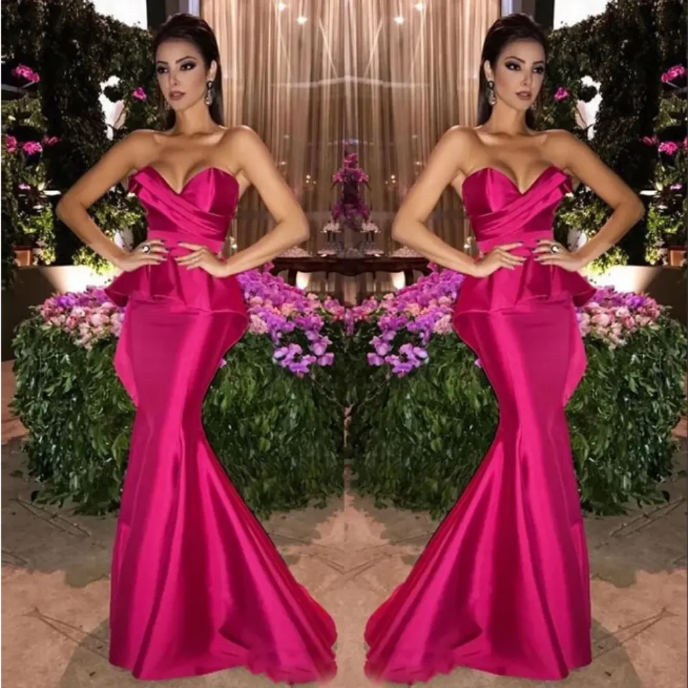

Fuchsia Satin Mermaid Long Evening Dresses Arabic Sweetheart Ruched Peplum Floor Length Formal Prom Dresses Party Gowns Customed