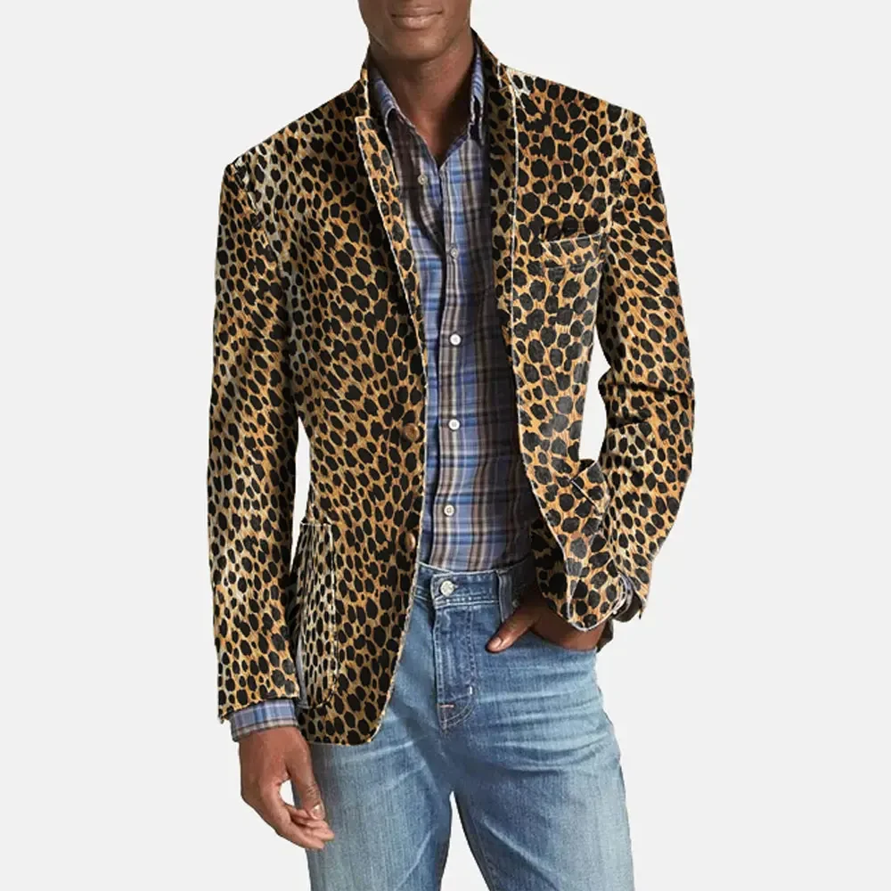 

Men's Blazer Business Casual Leopard Print Notch Lapel Pocket Two Button Blazer Long Sleeve Elegant Luxury Males Suit Coat