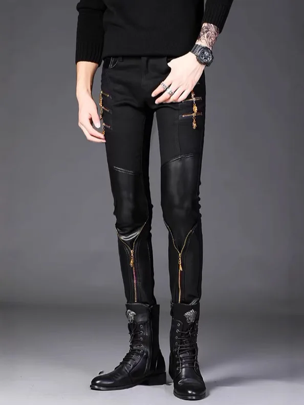 Men's Punk Style Skinny Pants With Leather Patchwork Slim Fit Stretchy Trousers With Zippers Decoration