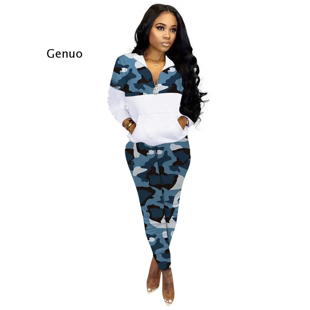 

Camouflage Panelled Fitness 2 Piece Set Women Clothes Long Sleeve Zipper Front Pockets Hoodie Straight Pants Fleece Tracksuits