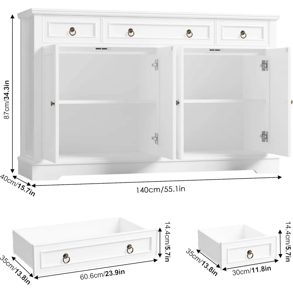 Buffet Cabinet with Storage, 55.1" Large Sideboard Buffet Cabinet, White Kitchen Cabinet with 3 Drawers and 4 Doors