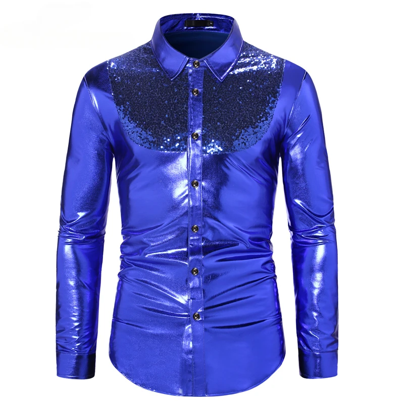 

Shiny Silver Metallic Disco Shiny Shirts 2023 New 70's Party Halloween Costume Chemise Homme Stage Performance Shirts