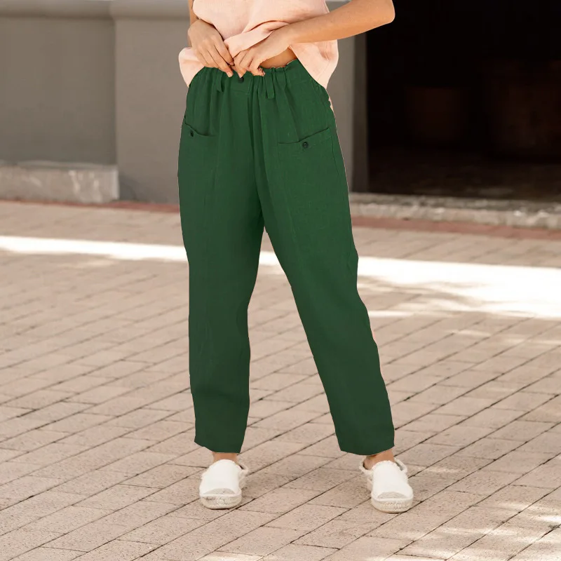 2023 Spring Summer Womens Clothing Cotton Linen Elastic Mid Waist Trousers Fashion Patchwork Pockets Loose Wide Leg Pants