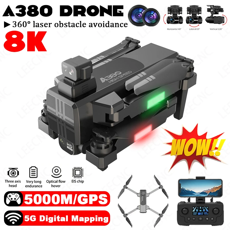 A380 전문 드론 8k ESC 카메라, 3 축 짐벌, 360 ° 장애물 회피 광학 플로우 호버, GPS 포지셔닝 브러시리스 Rc 드론